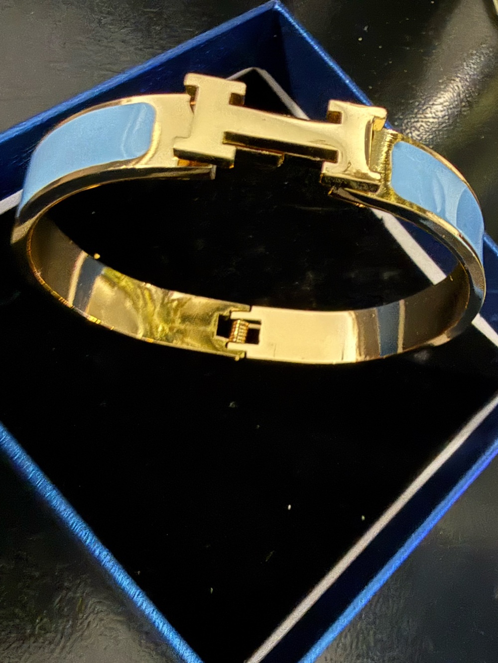 Gold and Light Blue Enamel Hinge Bracelet